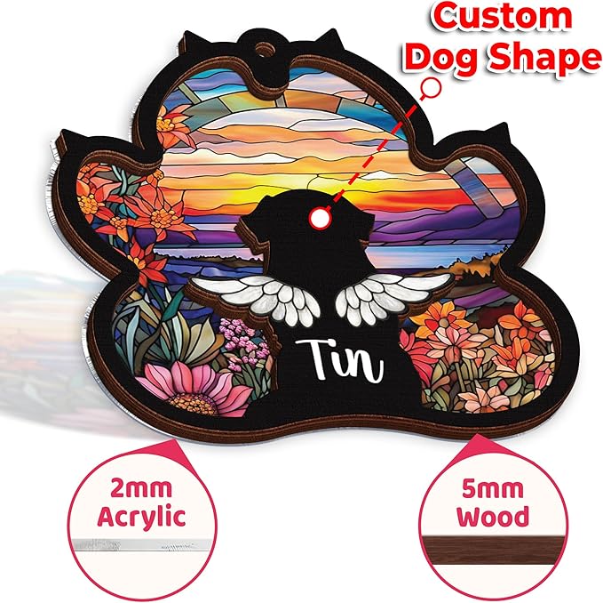 Personalized Angel Dog Memorial Suncatcher, Paw Suncatcher Remembrance Gift, Engraved Pet Memorial Ornament, Pet Sympathy Keychain, Loss of Animal Sympathy Card, Rainbow Bridge Dog Loss Gift