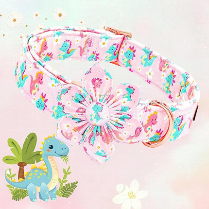 Lionheart glory Dog Collar with Flower Dinosaurs Print Collars for X-Small Dogs, Spring Summer Cute Duty Adjustable Dog Flowers Collar Puppy Collars Bows Pet Gift