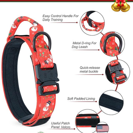 Hotsky Christmas Tactical Dog Collar, Adjustable Military Training Xmas Collar with Handle and Have Duty Metal Buckle for Medium Large Dogs, with Airtag Holder and 2 Patches(Christmas Red,M)