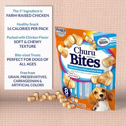 INABA Churu Bites for Dogs, Soft & Chewy Dog Treats with Vitamin E, 0.42 Ounces Each Tube, 64 Tubes Total (8 Tubes per Pack), Chicken with Salmon Recipe