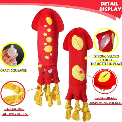 Water Bottle Dog Toys - Dog Puzzle Squeaky Enrichment Treat Dispensing Rope Snuffle Plush Toy, No Stuffing Durable Soft Crunchy Toys for Small Medium Large Dogs Puppy - Octopus Squid