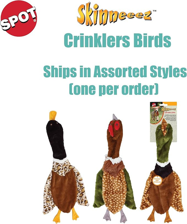 SPOT Skinneeez Crinklers Bird- Stuffing-Free Dog Toy with Crinkle and Squeaker Sounds, Durable Tug Toy for Moderate Chewers, Ideal for Medium and Large Dogs, Assorted Styles, 23 in