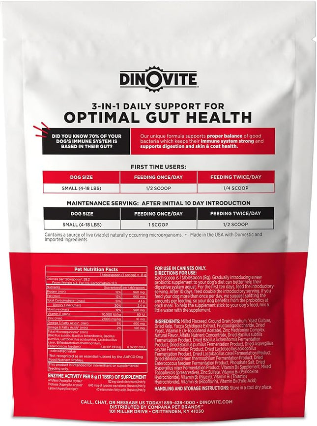 Dinovite 3 in 1 Probiotic for Small Dogs, Skin & Coat, Digestive Health & Joint Relief, Dog Food Toppers, Immune Support, Allergy Relief & Itch Relief Skin Care, 30 Servings (1-18lb)