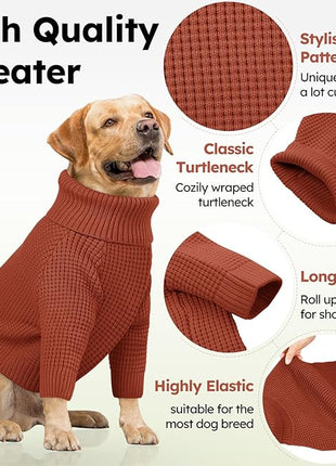 Queenmore XXL Dog Sweater, Large Dog Sweaters for Male Dogs, Turtleneck Plaid Kintsweaters for Large Breeds, Cold Weather Pullover Pet Clothes, Saddle Brown 2XL
