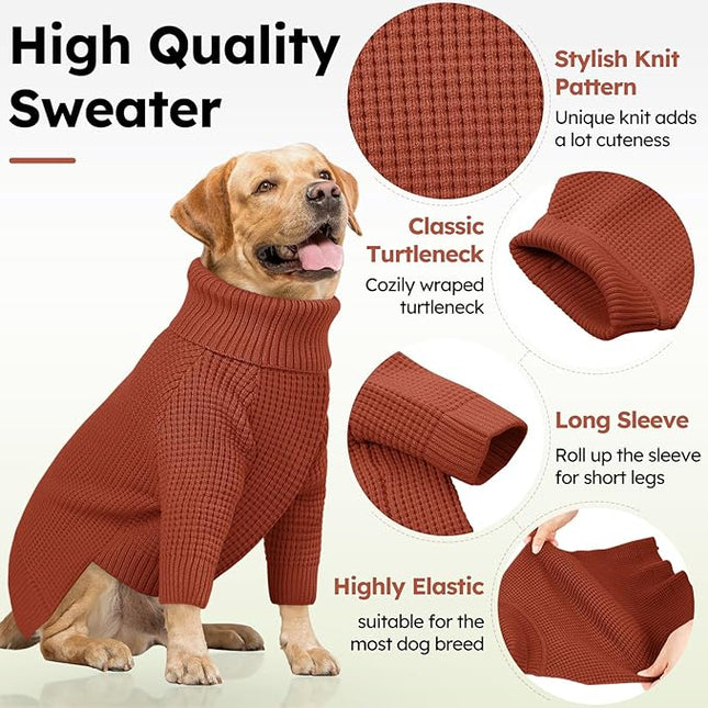 Queenmore Dog Sweater for Large Breeds, Long Sleeve Warm Dog Sweaters, Turtleneck Knitted Pullover Pet Clothes, XL Dog KintSweater, Cat Knitwear, Saddle Brown XL