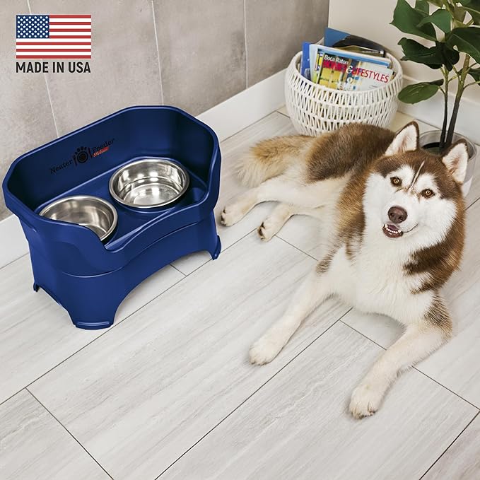 Neater Pet Brands Neater Feeder Deluxe Mess Proof Dog Bowls Elevated for Large Dogs Over 40 lbs, Made in USA, No Spill Raised Dog Food Bowl Stand Feeding Station, Food and Water Bowl Set, Dark Blue