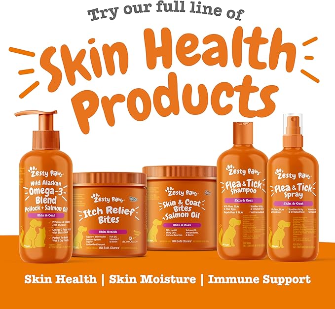 Zesty Paws Wild Alaskan Omega-3 Blend Pollock + Salmon Oil for Dogs and Cats- Skin and Coat Support, Omega 3 Supplement for Pets, 16oz