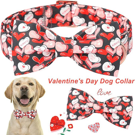 ARING PET Valentine's Day Dog Collar with Bow, Cute Black Heart Pets Detachable Bow Tie Collars for Puppy Small Medium Large Girl Boy Dogs-L