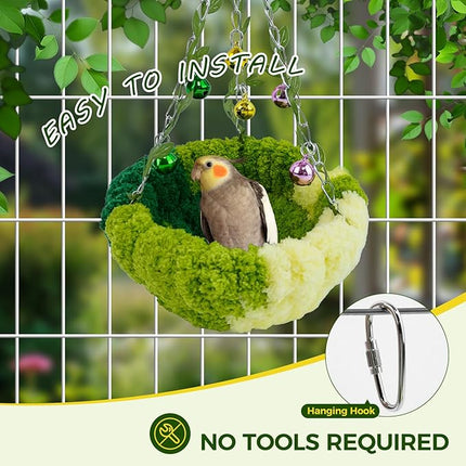 Bird Nest with Bell for Cage,Plush Hanging Bird Bed for Parakeet Indoor & Outdoor,Breeding Bird House for Conure,Budgie,Cockatiel,Lovebird,Canary,Finch,Hamster,Small Pets,Warm Nest,Green L