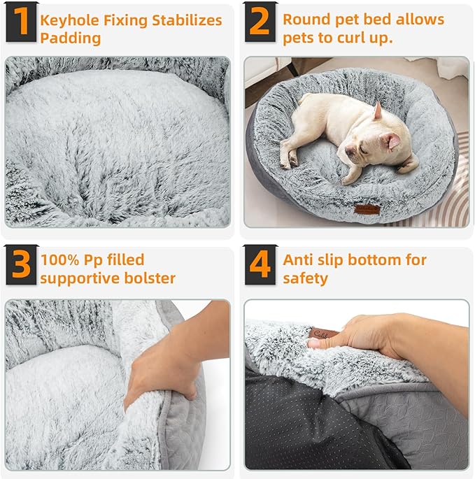 Dog Beds for Small Dogs - Round Cat Beds for Indoor Cats, Washable Pet Bed for Puppy and Kitten with Slip-Resistant Bottom (Light Grey, 20.0" L x 19.0" W x 6.0" Th)