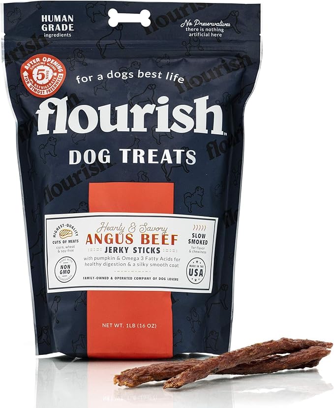 Flourish Pets Angus Beef Jerky Sticks, Dog Treats, Healthy Training Chews (1 Pound)