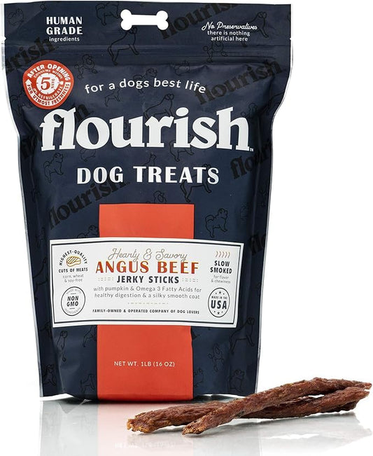 Flourish Pets Angus Beef Jerky Sticks, Dog Treats, Healthy Training Chews (1 Pound)