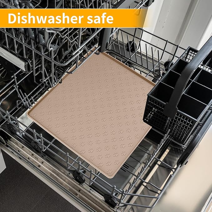 Ptlom Dog Food Mat Anti-Slip Bowl Mats for Food and Water, Waterproof Silicone Pet Placemat with High Raised Edges, Non-Slip Puppy Feeding Tray for Small, Medium Large Cats Dogs, Taupe, 11.8"x11.8"