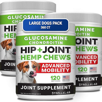 Large Breed Glucosamine Hemp Dog Joint Supplement - Hemp Chews for Dogs Hip Joint Pain Relief - Omega 3, Chondroitin, MSM - Advanced Mobility Hemp Oil Treats for Large Dogs - Made in USA - 360 Ct