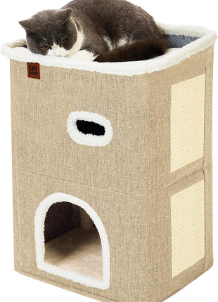 CATBOAT 2-Storey Cat House for Indoor Cats Bed, Covered Beds & Furniture with Scratch Pad and Hideaway Cave, Cute Modern Condo for Multi Small Pet Large Kitten Kitty, Brown