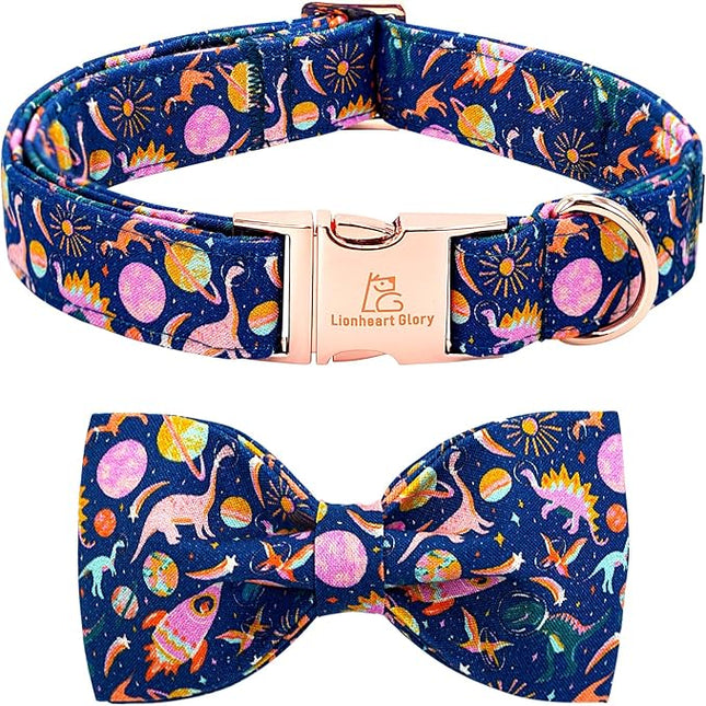 Lionheart glory Dog Bow Collar Dinosaurs Pattern Cute Collars for X-Small Dogs,Soft Duty Adjustable Dog Collar with Bowtie Spring Summer Puppy Collars Bows Pet Gift