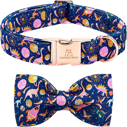 Lionheart glory Dog Bow Collar Dinosaurs Pattern Cute Collars for Large Dogs,Soft Duty Adjustable Dog Collar with Bowtie Spring Summer Puppy Collars Bows Pet Gift