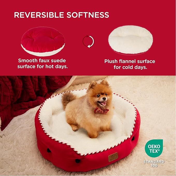 Bedsure Dog Beds for Small Dogs - Round Cat Beds for Indoor Cats, Washable Pet Bed for Puppy and Kitten with Slip-Resistant Bottom, 25 Inches, Savvy Red