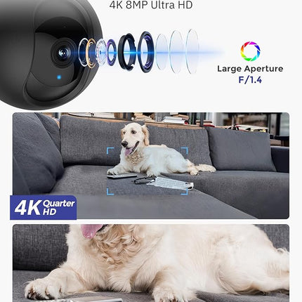 Hugolog 4K 8MP Indoor Pan/Tilt Security Camera with Auto-Focus,Ideal for Baby Monitor/Pet Camera/Home Security,Starlight Color Night Vision,Human/Pet AI,Two-Way Audio,US Cloud,Compatible with Alexa