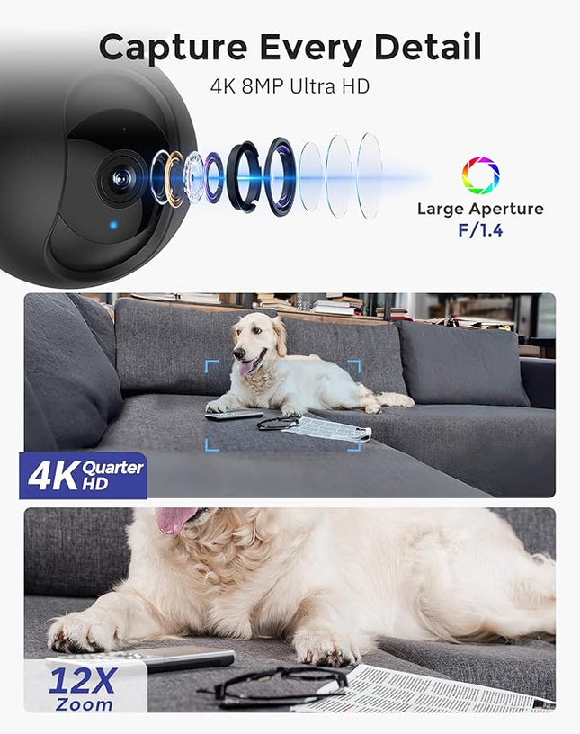 Hugolog 4K 8MP Indoor Pan/Tilt Security Camera with Auto-Focus,Ideal for Baby Monitor/Pet Camera/Home Security,Starlight Color Night Vision,Human/Pet AI,Two-Way Audio,US Cloud,Compatible with Alexa