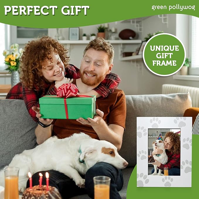 Green Pollywog Screenprinted Paw Print Picture Frame | White Hand-Finished Pinewood | Fits 5” x 7” Photo | Pet Lover Gift