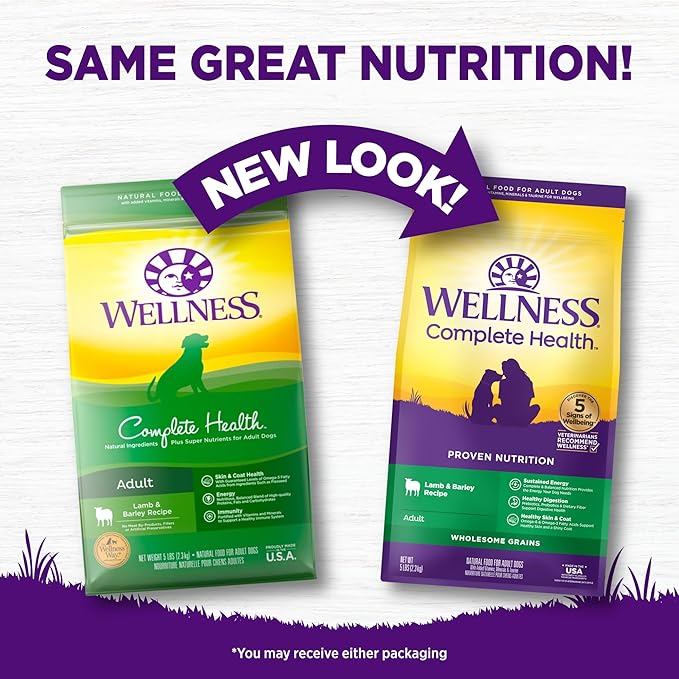 Wellness Complete Health Dry Dog Food with Grains, Natural Ingredients, Made in USA with Real Meat, All Breeds, For Adult Dogs (Lamb & Barley, 5-Pound Bag)