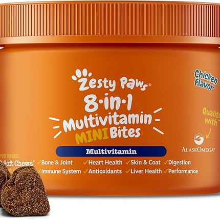 Zesty Paws Dog Multivitamin, Chewable Dog Vitamins and Supplements for Hip & Joints, Skin & Coat, Omega 3 Fish Oil for Dogs- Senior & Puppy Multivitamin - Chicken Mini Bites- 90ct