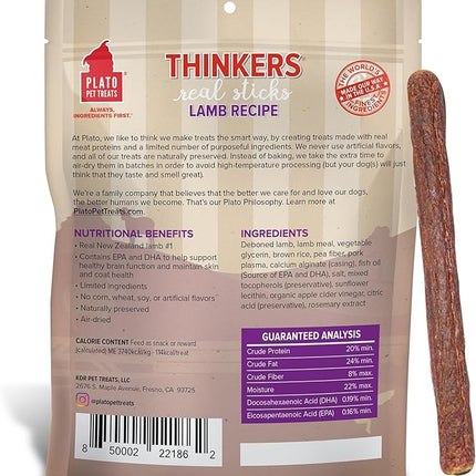 Plato Pet Treats Thinkers - Meat Sticks for Dogs - Limited Ingredient Treats with EPA and DHA to Support Skin, Coat, and Brain - Air-Dried - Lamb 18oz
