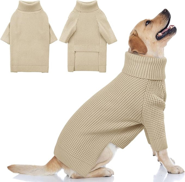Queenmore Large Dog Sweater, Plaid Dog Sweaters for Large Dogs, Turtleneck Pet KintSweater with Check Pattern, Long Sleeve Holiday Pet Knitwear, Solid, Apricot L