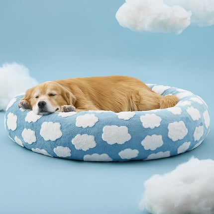 LE SURE Donut Dog Beds Extra Large Sized Dog - Round Pet Beds for Calming Puppy with Washable Cover, Orthopedic Modern Beds with Jacquard Shaggy Plush & Anti Slip Bottom, 42 Inch，Blue