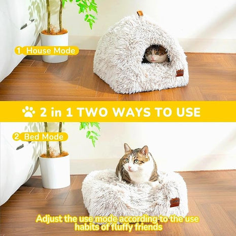 CATISM Cat Bed, Cat Cave for Indoor Cats, Soft Cat Dome, Self-Warming 2 in 1 Foldable Pet Cat House with Washable Cushioned Pillow Calming Fluffy Dog Beds for Small Dogs with Anti-Slip Bottom Brown