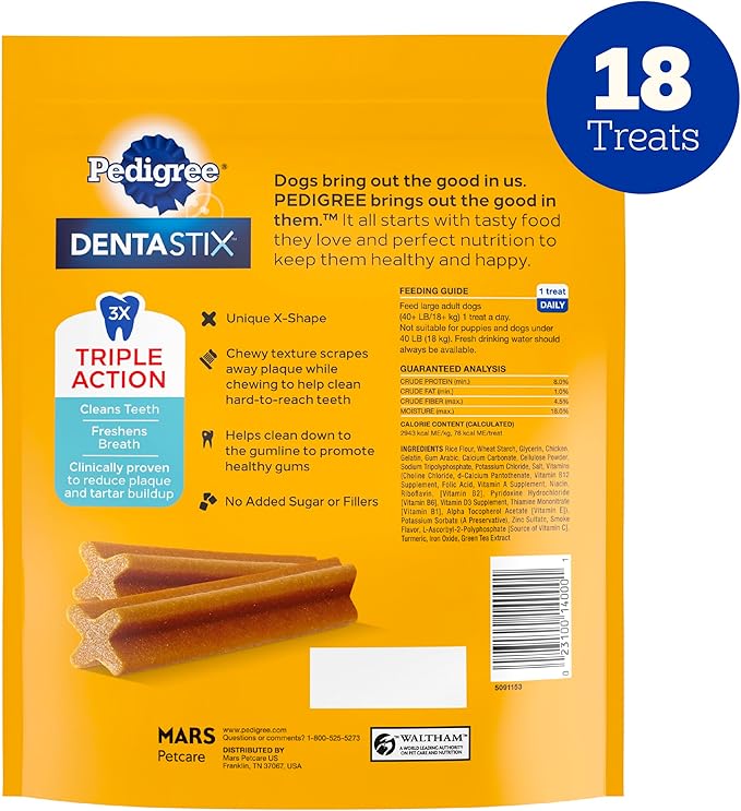 Pedigree Dentastix Large Breed Dog Treats, Original Flavor, 14.99 oz. Bag (18 Treats)