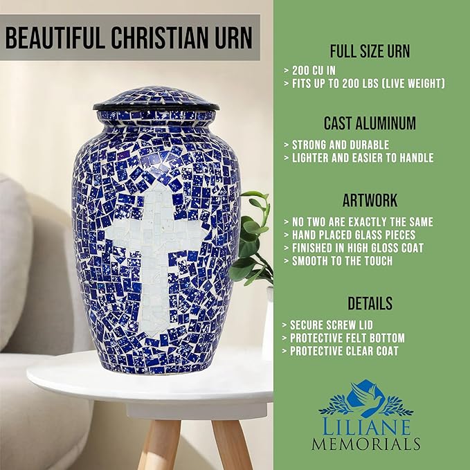 Liliane Memorials Mosaic Glass Cremation Urn - Hand Made Funeral Urn for Human Ashes - Large Adult Size - 200 cu in (Blue-White Cross)