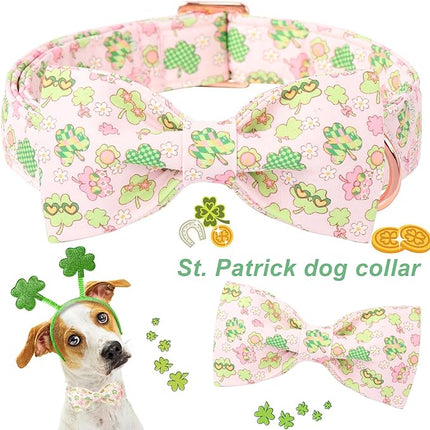 ARING PET St Patrick's Dog Collar with Bow, Cute Pink Shamrock Clovers Pets Detachable Bow Tie Collars for Puppy Small Medium Large Girl Boy Dogs-M