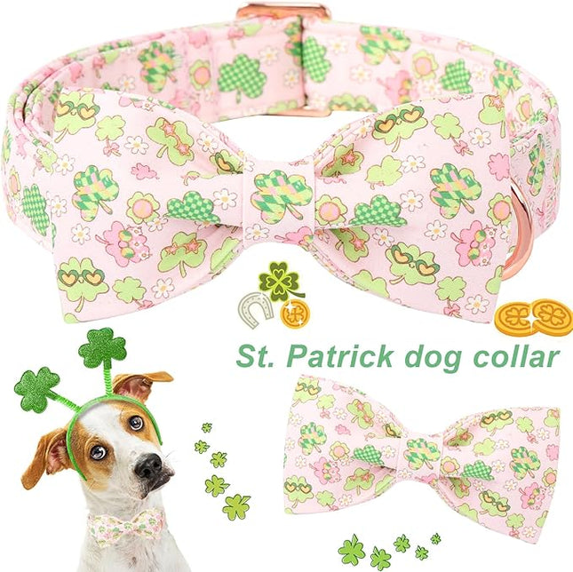 ARING PET St Patrick's Dog Collar with Bow, Cute Pink Shamrock Clovers Pets Detachable Bow Tie Collars for Puppy Small Medium Large Girl Boy Dogs-M