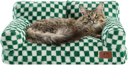 Hollypet Fluffy Plush Pet Cat Couch Soft Calming Pet Sofa Beds for Medium Small Cats and Dogs, Forest Green and White