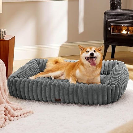 Bedsure Washable Dog Bed for Medium Dogs - Cute Furry Puppy Beds, Rectangle Orthopedic Corduroy Fleece Pet Beds with Removable Zipper Cover, 30x24x8inches, Warm Grey