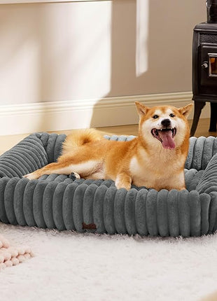 Bedsure Cute Dog Bed for Large Dogs - Washable Furry Puppy Beds, Rectangle Orthopedic Corduroy Fleece Pet Beds with Removable Zipper Cover, 36x27x8inches, Warm Grey