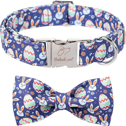 Easter Dog Collar with Bow Tie- Adjustable Easter Bunny Eggs Dog Collar Cute Rabbit Bowtie Metal Buckle Puppy Collars for Small Medium Large Dogs M