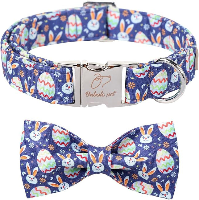 Easter Dog Collar with Bow Tie- Adjustable Easter Bunny Eggs Dog Collar Cute Rabbit Bowtie Metal Buckle Puppy Collars for Small Medium Large Dogs XS