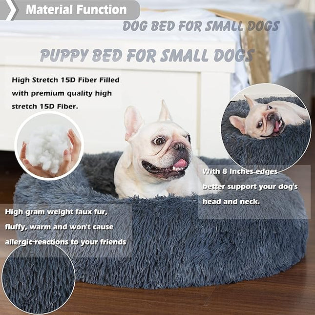 Calming Anti-Anxiety Donut Dog Bed for Small Medium Dogs - 23 Inches Dark Gray, Washable Fuzzy Puppy Bed Fits up to 15 lbs Pets