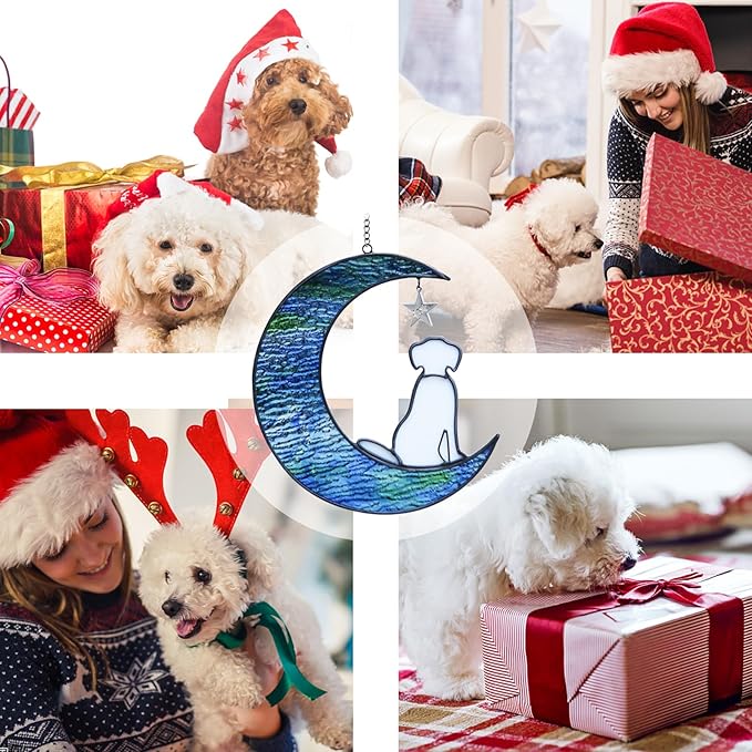 Dog Memorial Gifts for Loss of Dog Sympathy Gift, Stained Glass Dog Decor on Moon Window Hanging Suncatcher Pet Memorial Gifts Sympathy Pet Loss Gifts for Dog Lovers