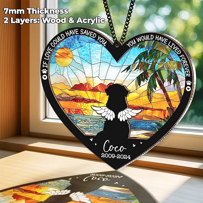 Personalized Angel Dog Memorial Suncatcher, Heart Suncatcher Remembrance Gift, Engraved Pet Memorial Ornament, Pet Sympathy Keychain, Loss of Animal Sympathy Card, Rainbow Bridge Dog Loss Gift