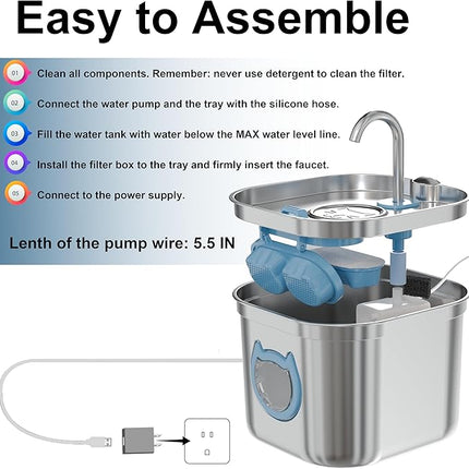 Luxury Automatic Cat Water Fountain for Pets, 2.2L/74oz Stainless Steel Dog Water Dispenser with Filter, BPA Free & Silent, Featuring LED Light, Easy Clean & Cat View Window