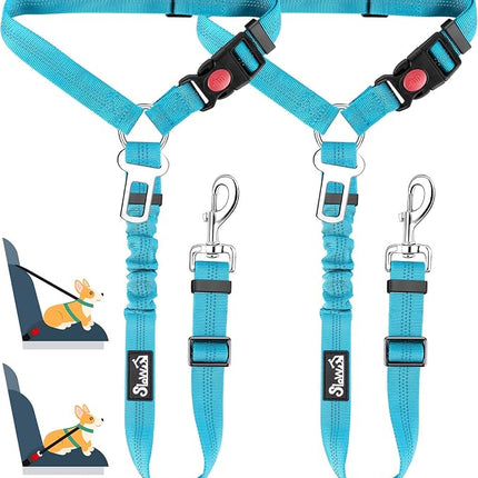 Lukovee Dog Car Seat Belt, 2 Pack Headrest Restraint Seatbelt, Adjustable Pet Safety Leads with Reflective Elastic Bungee for Dog Harness Collar Travel Daily Use (Tiffany Blue,Headrest+Clip)