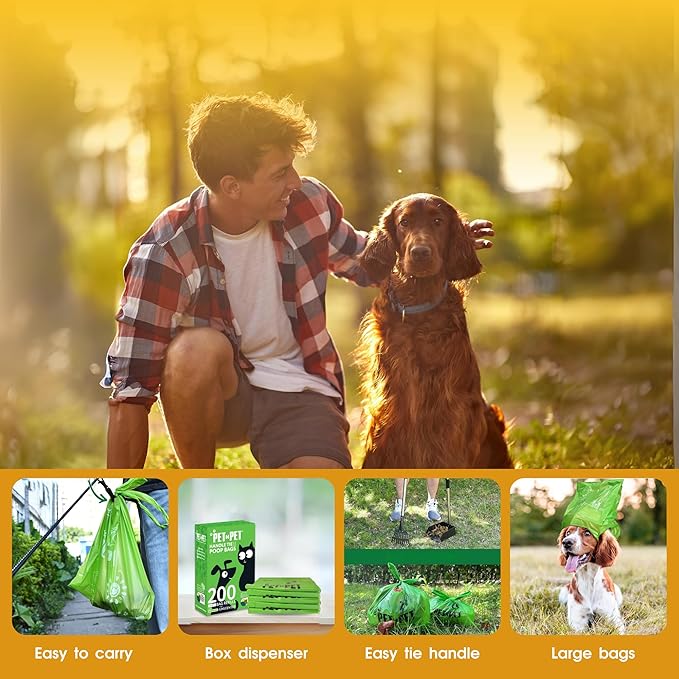 Pet N Pet 200 Counts Unscented Dog Poop Bags Rolls with Tie Handles, 38% Plant Based & 62% PE Poop Bags for Dogs, Extra-Thick Doggie Poo Bag, Pet Waste Bag