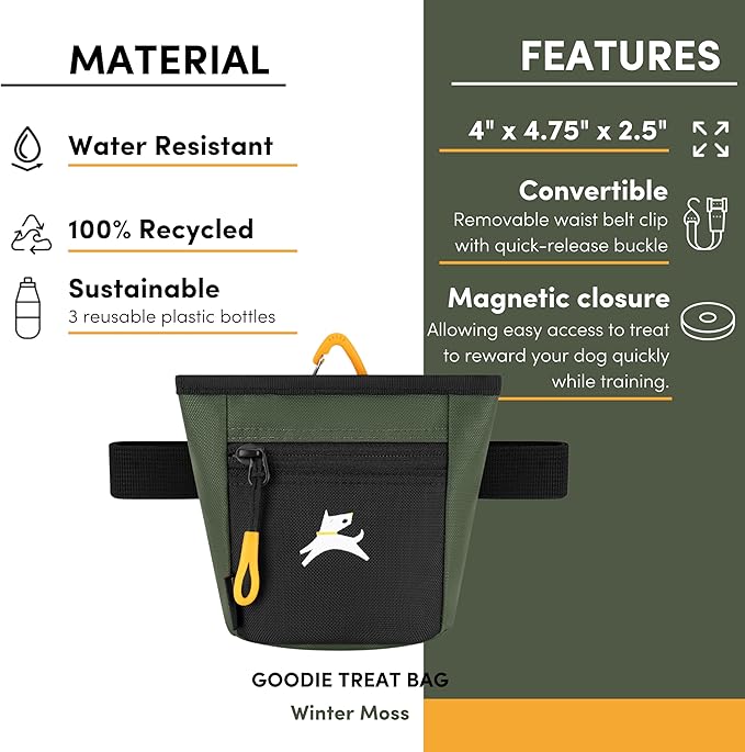 OllyDog Goodie Treat Bag, Dog Treat Pouch, Waist Belt Clip for Hands-Free Training, Magnetic Closure, Dog Training and Behavior Aids, Three Ways to Wear (Winter Moss)