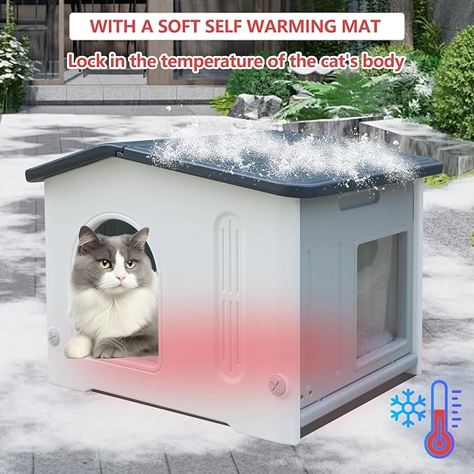 Waterproof Outdoor Cat House with Escape Door, Plastic Cat House for Feral Cats Outdoor Cat House with Mat, Sturdy Cat House for Outdoor Cats, Assemble Easily-Grey