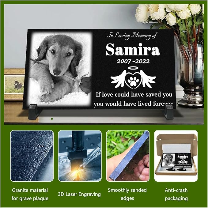Personalized Granite Pet Grave Marker Dog, Customized 12"×6" Engrave Pet Headstones for Dog with Photo, Cat Memorial Stone Plaque for Memory Garden, Cemetery, Animals Funerary Tombstones Gift