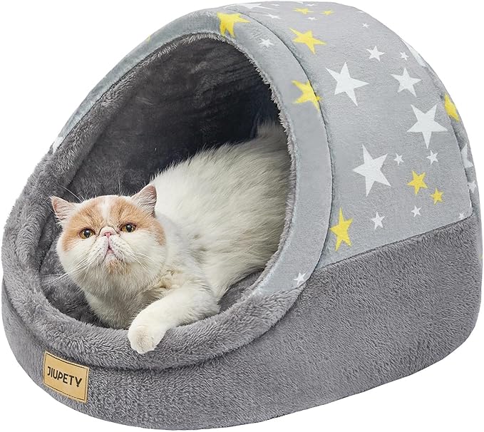 Jiupety Cute Cat Beds for Indoor Cats, Cat Cave Bed for Kittens, Burrowing Cat Bed & Puppy Bed with Anti-Slip Bottom, Washable Removable Cushion, L(19"x17"x16"), Gray Star
